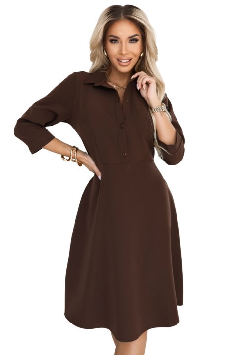 286-9 SANDY Koszulowa rozkloszowana sukienka z paskiem - czekoladowa